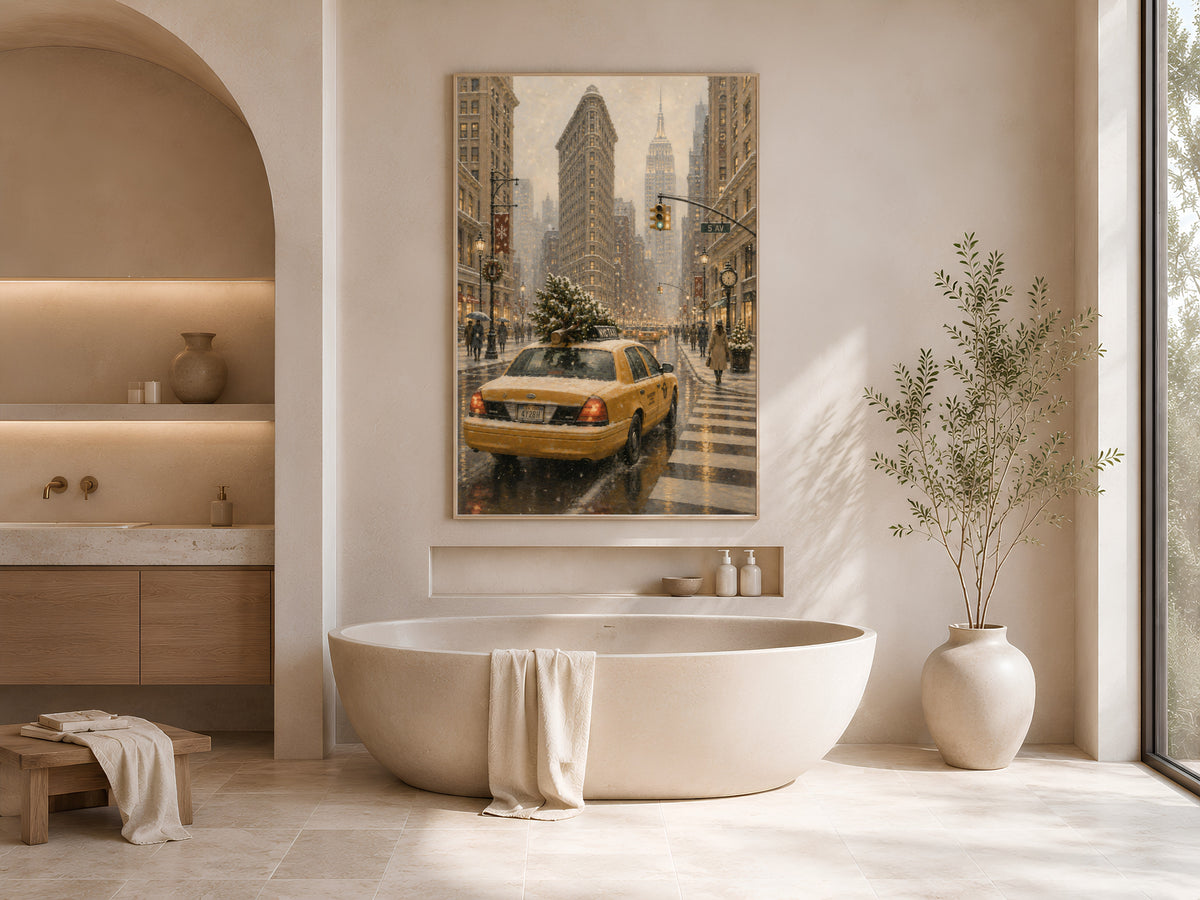 Flatiron Building Christmas wall art framed print displayed above bathtub in spa-style bathroom