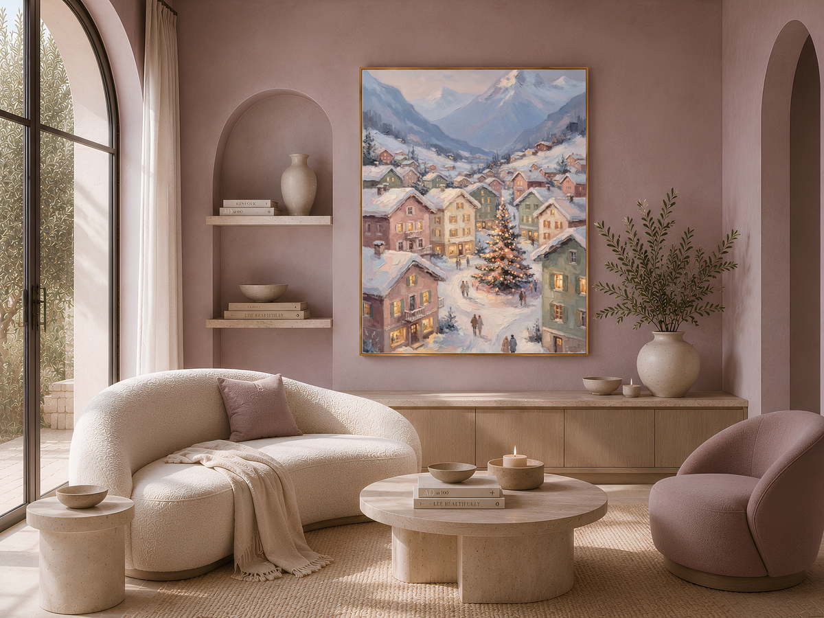 Alpine Christmas Village Wall Art, Snowy Mountain Town Print - Digital Download