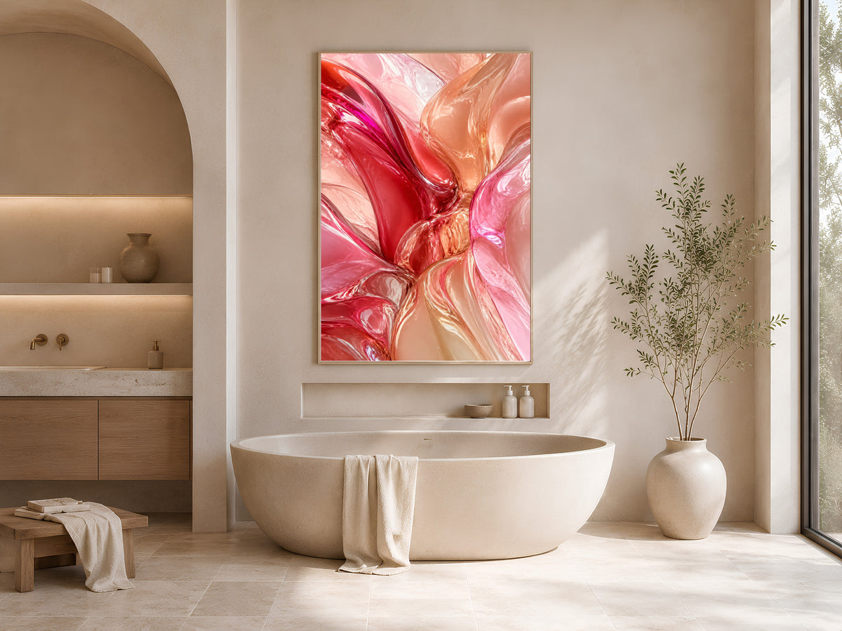 Liquid Glass Abstract Wall Art, Pink Coral 3D Render Print - Digital Download