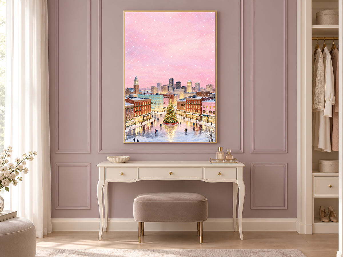 Pink Christmas Town Painting, Snowy City Christmas Tree Print, Pastel Winter Skyline Wall Art, Holiday Decor, Printable Digital Download