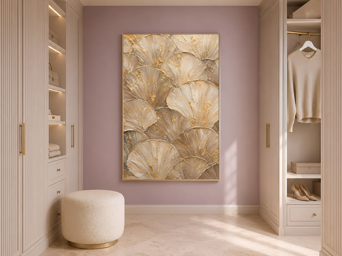 Ginkgo leaf print framed in gold displayed in neutral closet with open shelving
