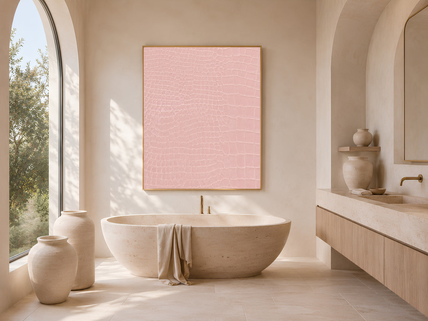 Pink crocodile print wall art in a gold frame above a freestanding tub in an arched, sunlit bathroom.
