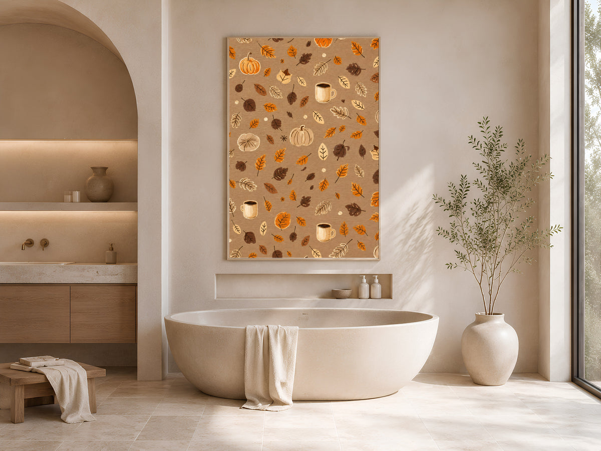 Cozy autumn pattern wall art with pumpkins and leaves in a modern soaking tub bathroom