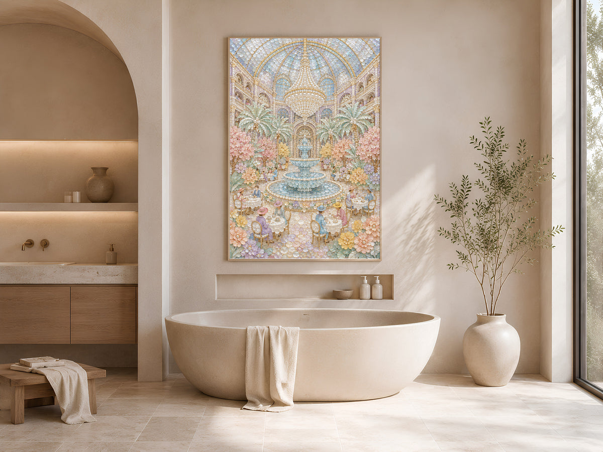 Pastel Garden Courtyard Wall Art, Whimsical Mosaic Fountain Print - Digital Download