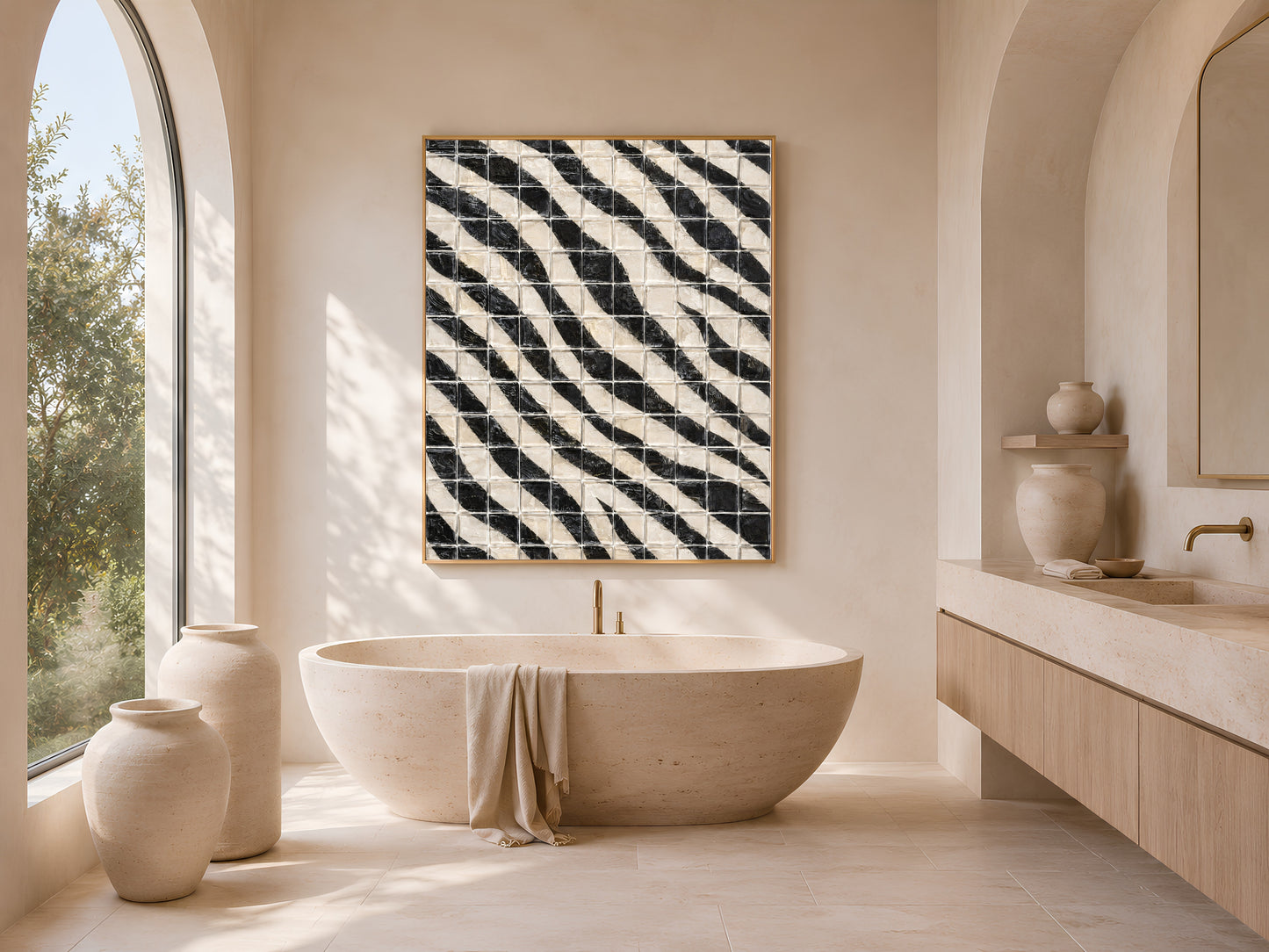 Black and white diagonal stripe mosaic tile wall art in a gold frame above a freestanding oval bathtub in a bright minimal bathroom with arched window and ceramic vases
