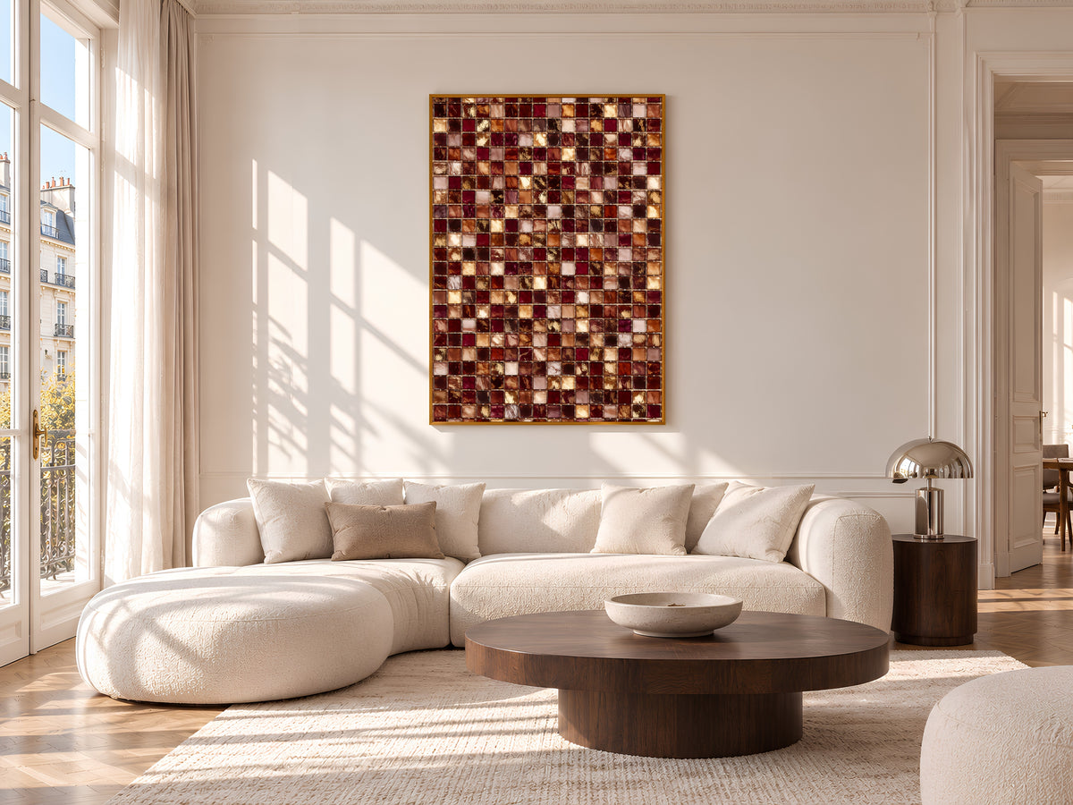 Burgundy and Gold Mosaic Tile Wall Art Print, Wine Red, Blush and Amber Tile Grid Painting, Printable Moody Warm Decor, Digital Download