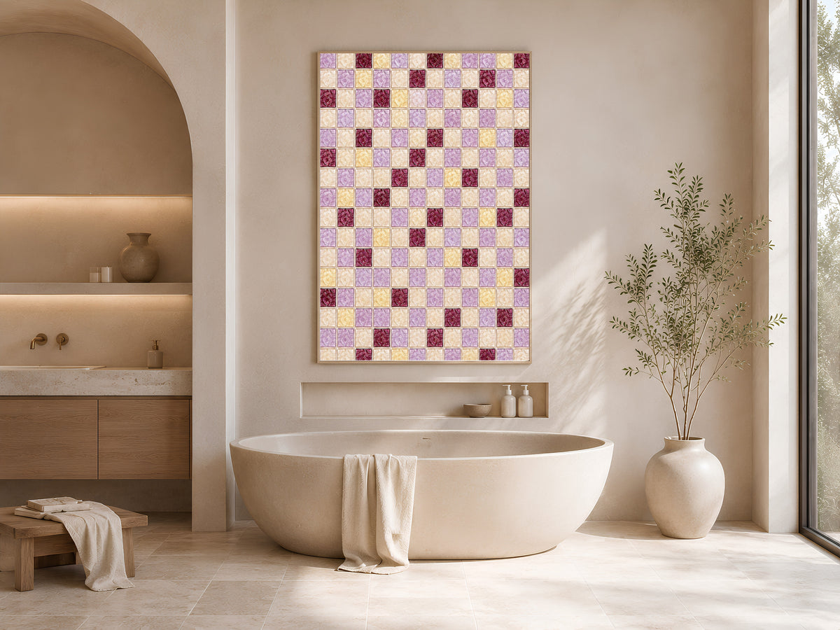 Purple mosaic wall art framed above a freestanding bathtub in a neutral spa-style bathroom