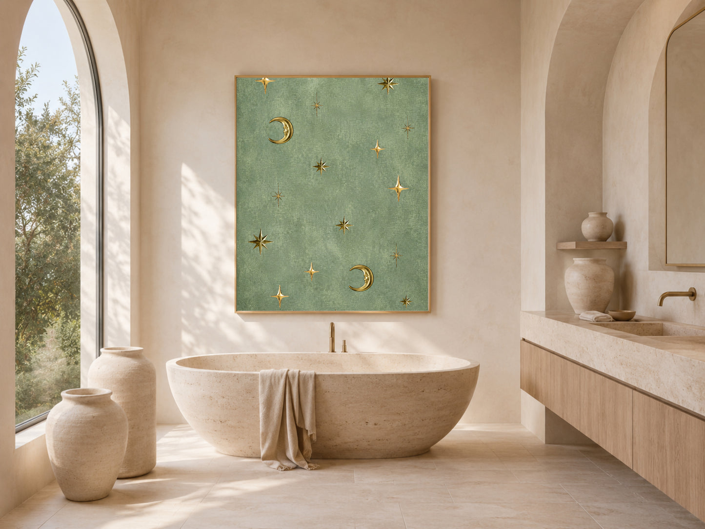 Vintage celestial moon and stars wall art framed above a freestanding bathtub, sage green gold astrology print