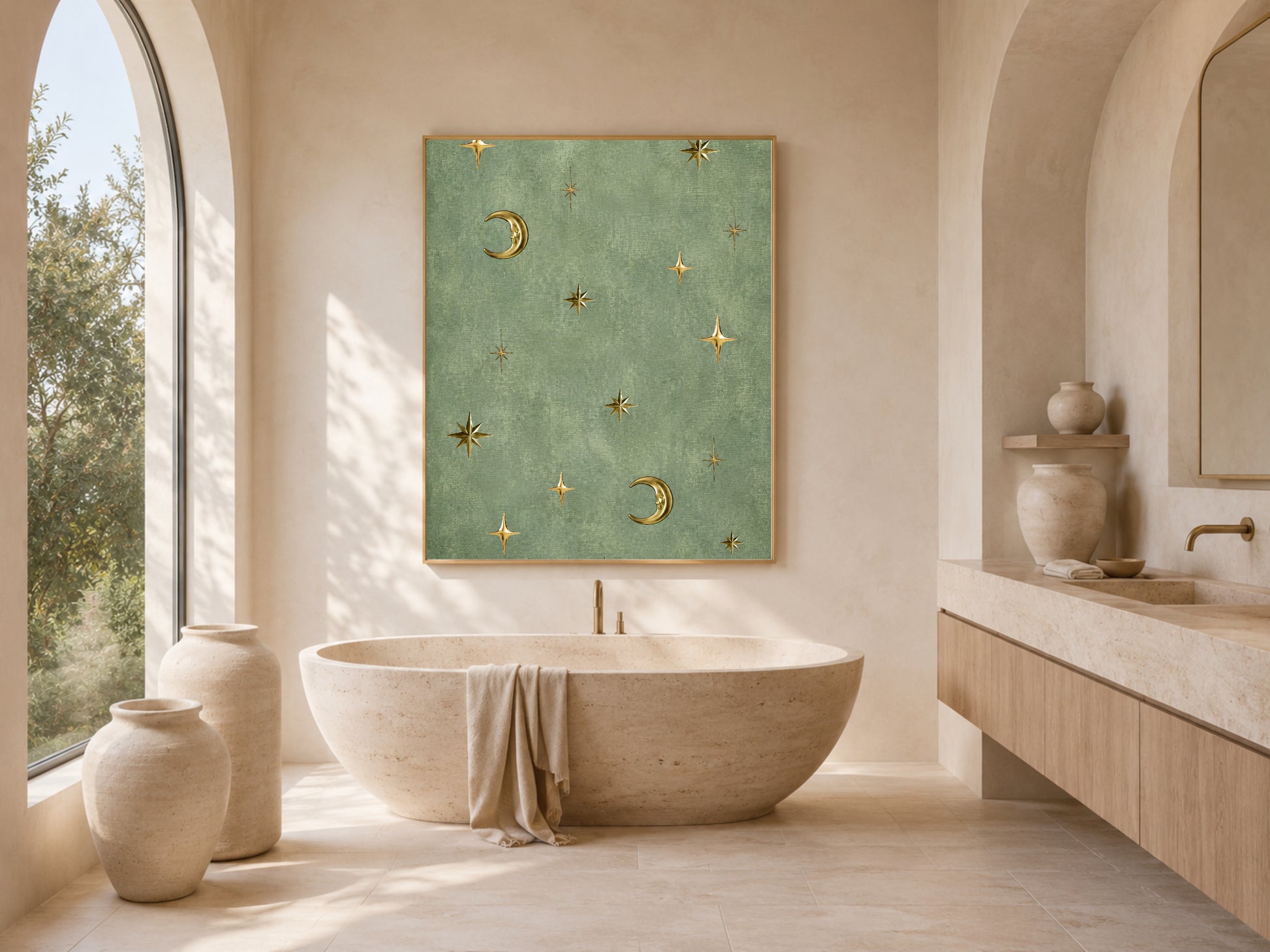 Vintage celestial moon and stars wall art framed above a freestanding bathtub, sage green gold astrology print