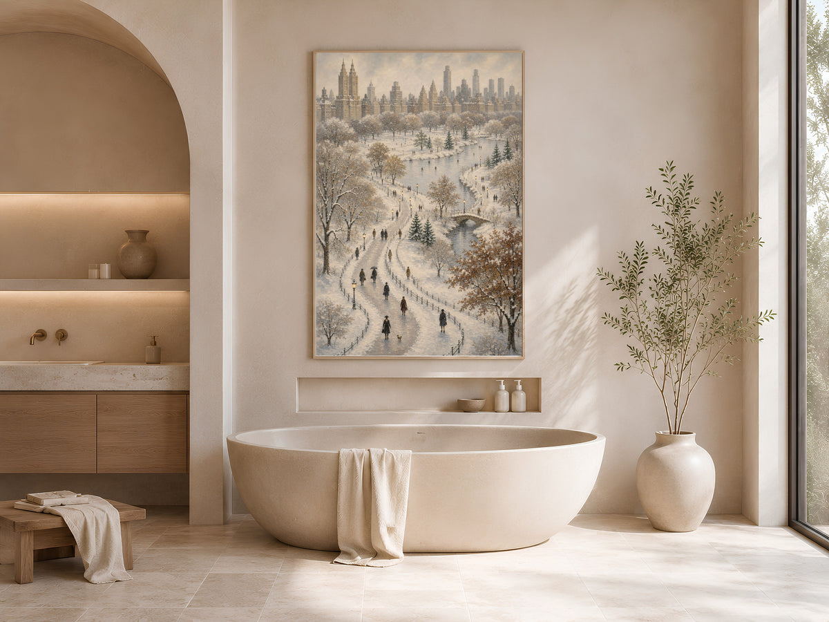 Central Park winter wall art framed print displayed above bathtub in spa-style bathroom