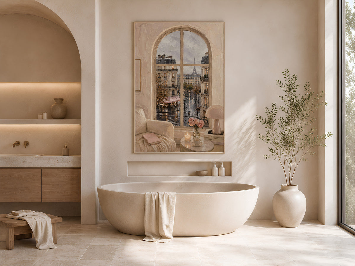 Paris Window Wall Art, Rainy Eiffel Tower View Print - Digital Download