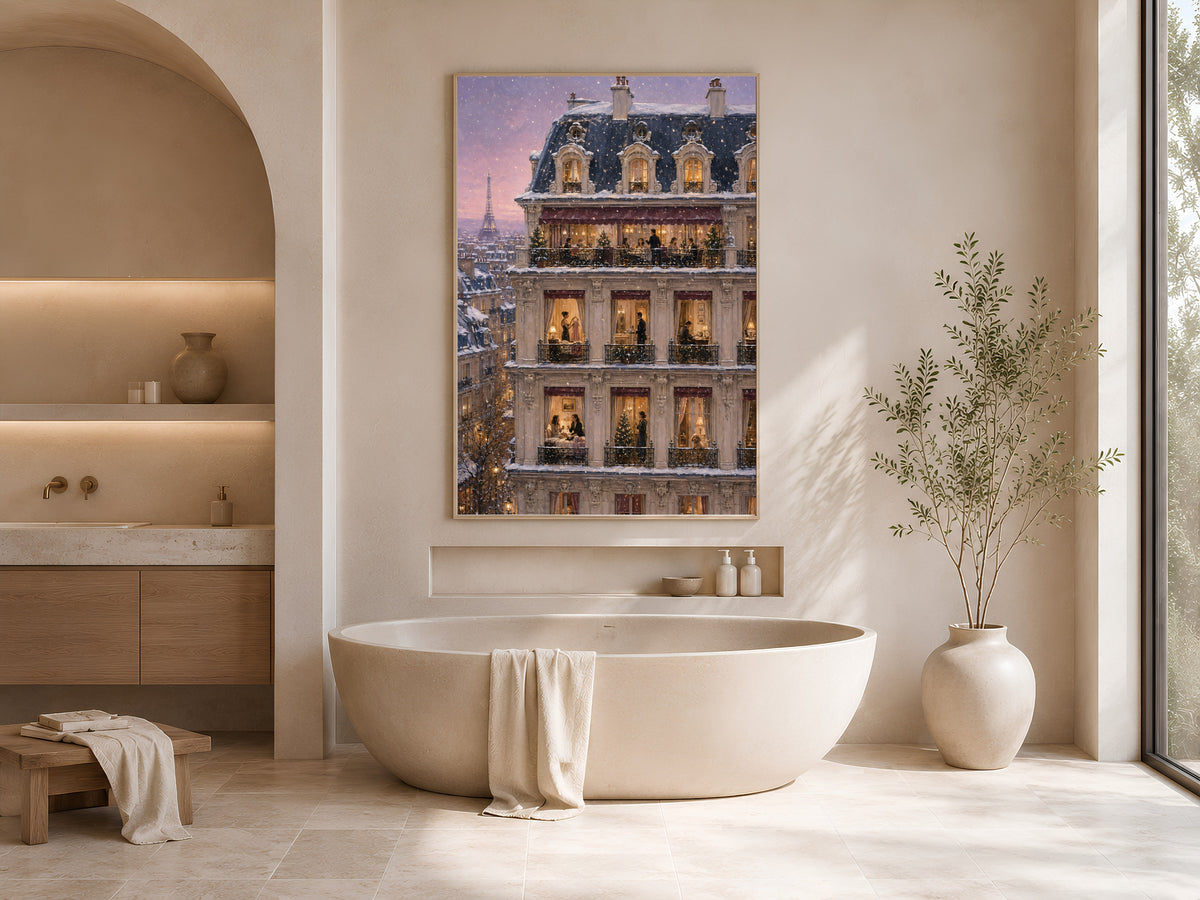 Paris Christmas painting framed above soaking tub in neutral arched bathroom