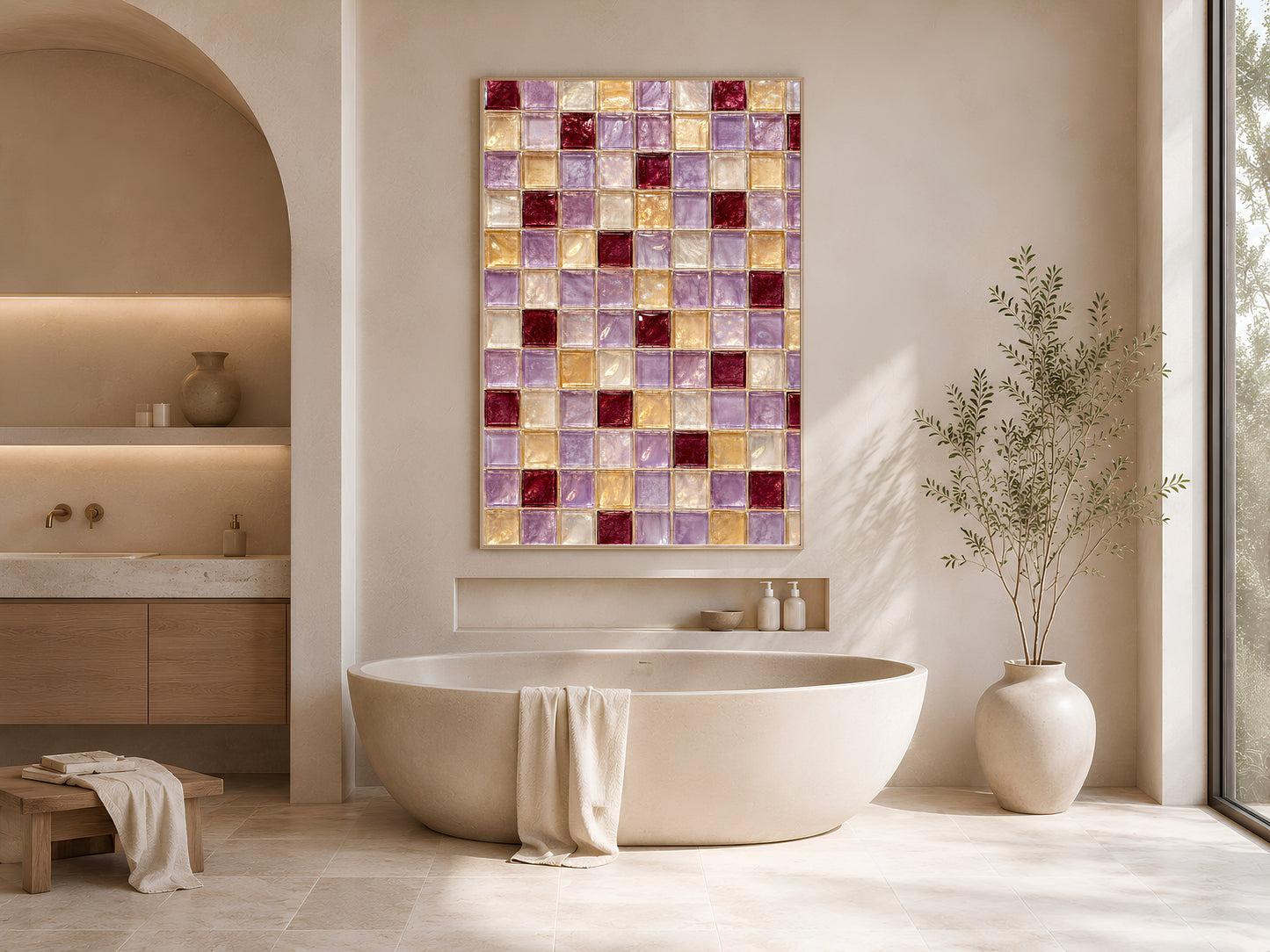 Lavender gold mosaic tile wall art print framed above a freestanding tub in a neutral bathroom