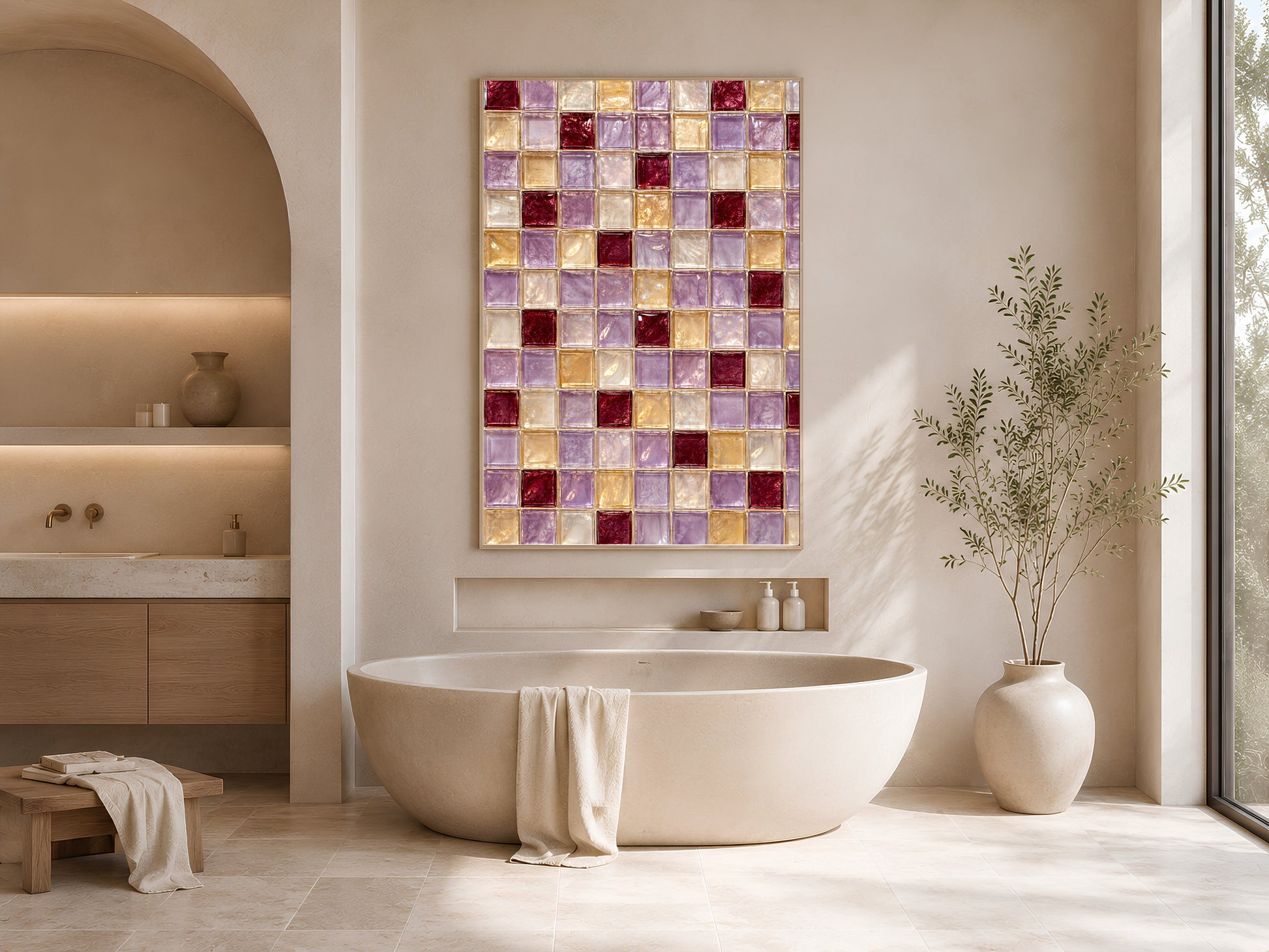 Lavender gold mosaic tile wall art print framed above a freestanding tub in a neutral bathroom