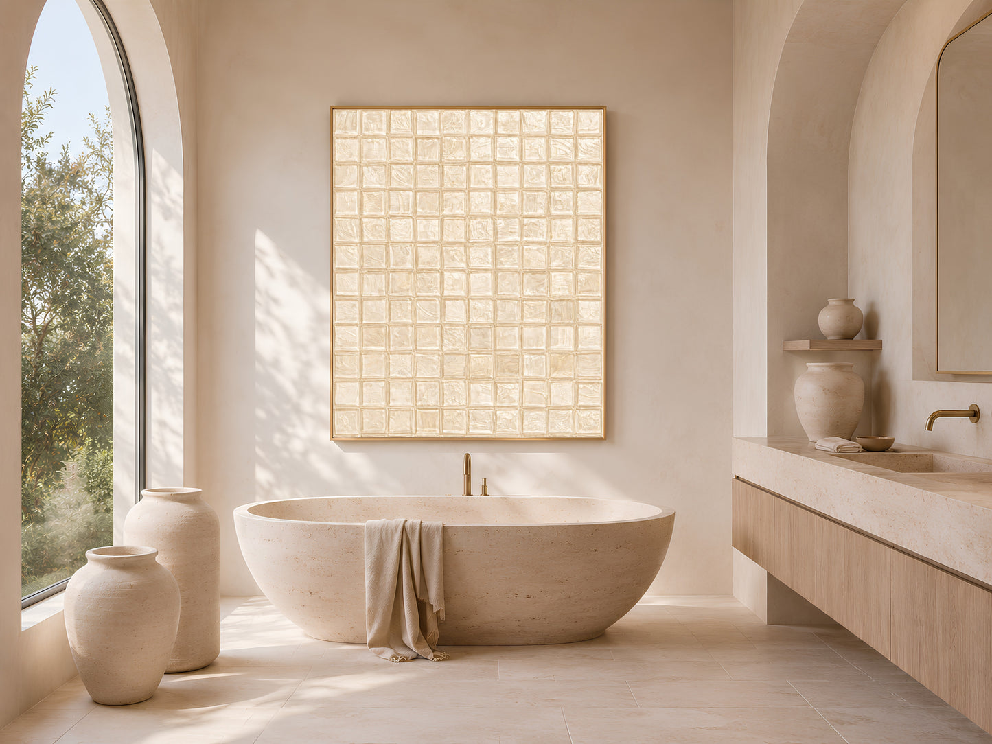 Warm beige mosaic tile wall art in a gold frame above a freestanding oval bathtub in a bright minimal bathroom with arched window, ceramic vases, and olive tree
