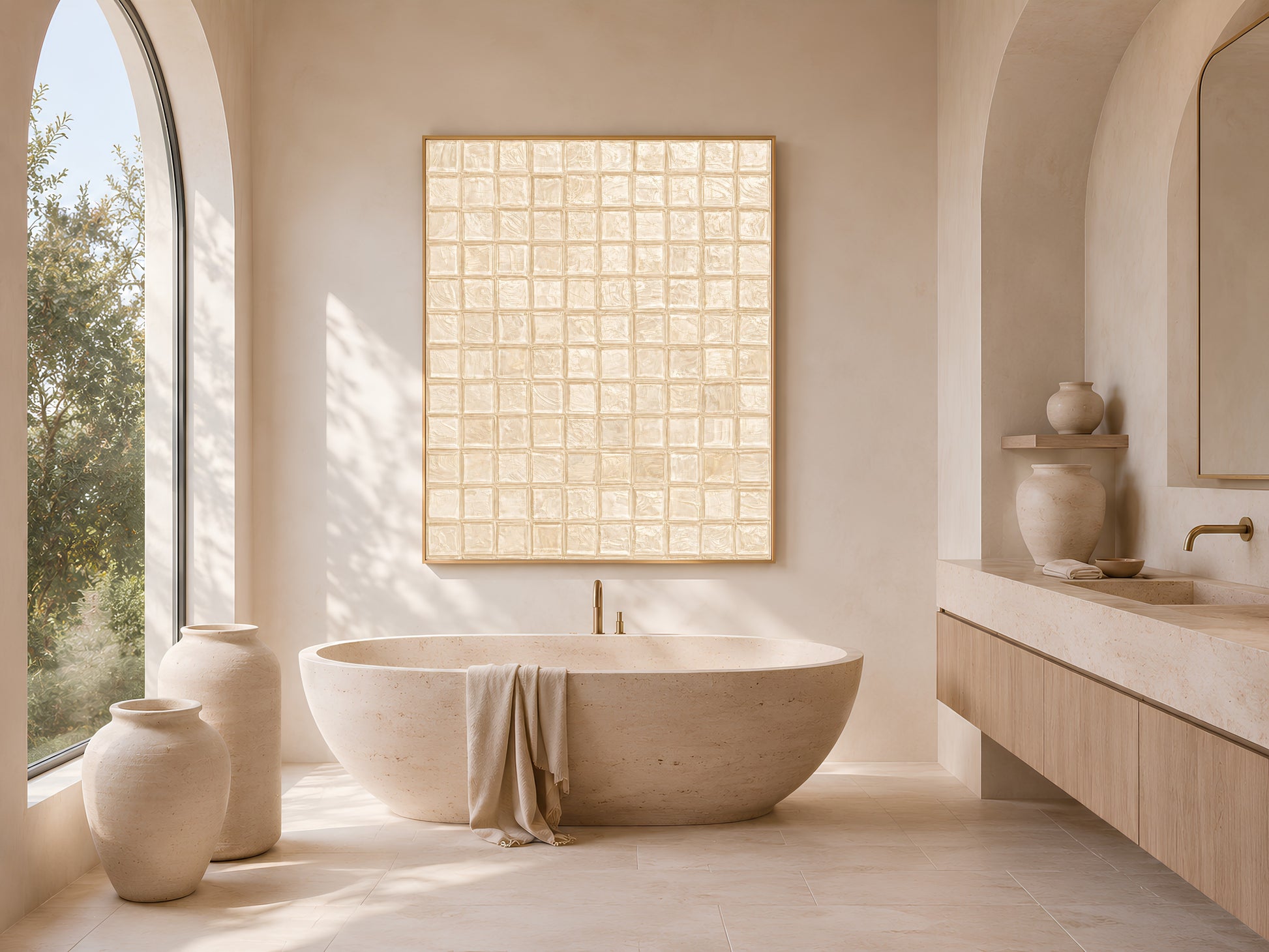 Warm beige mosaic tile wall art in a gold frame above a freestanding oval bathtub in a bright minimal bathroom with arched window, ceramic vases, and olive tree
