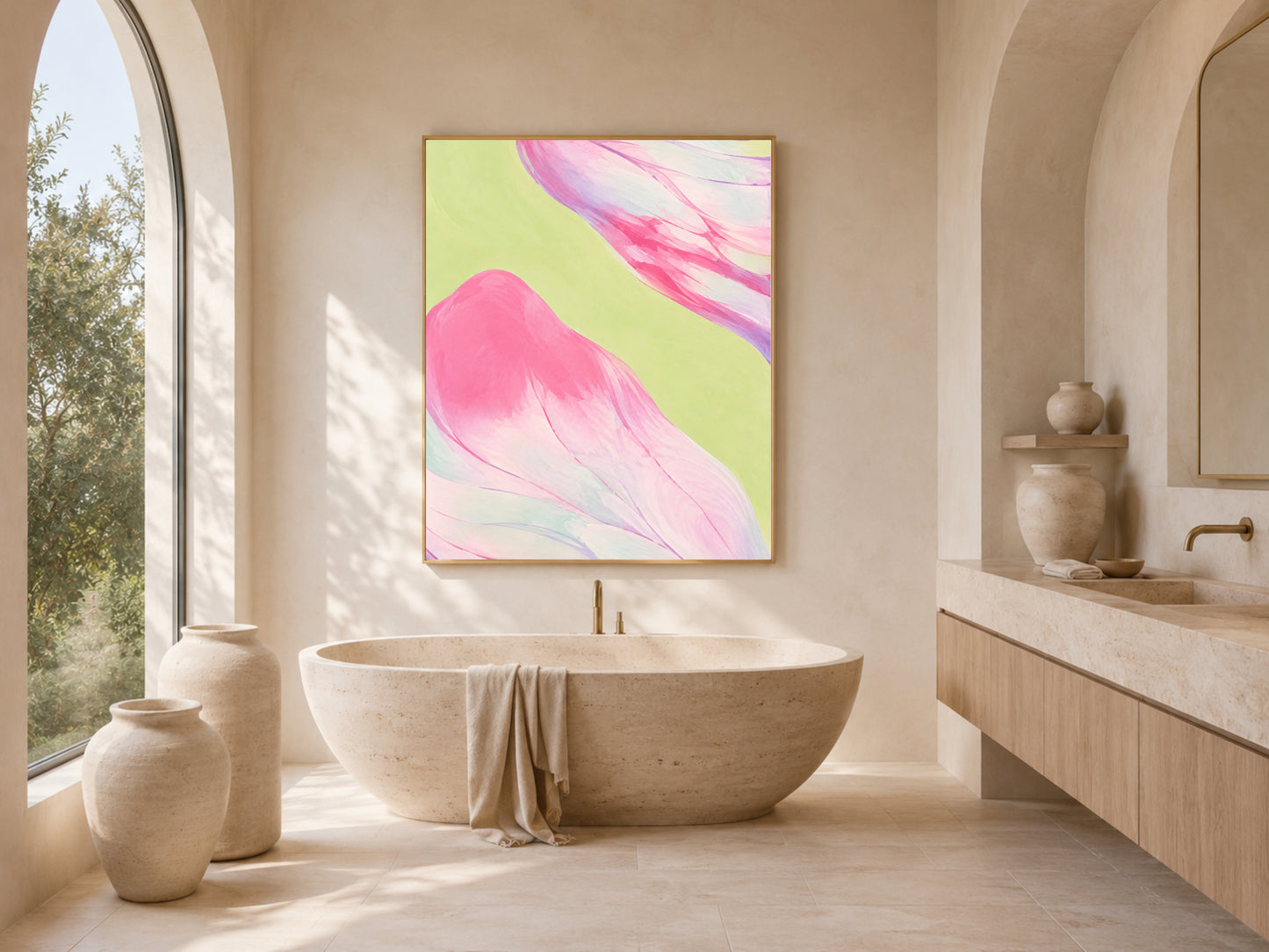Pink and purple abstract art above bathroom tub, maximalist coastal decor mockup