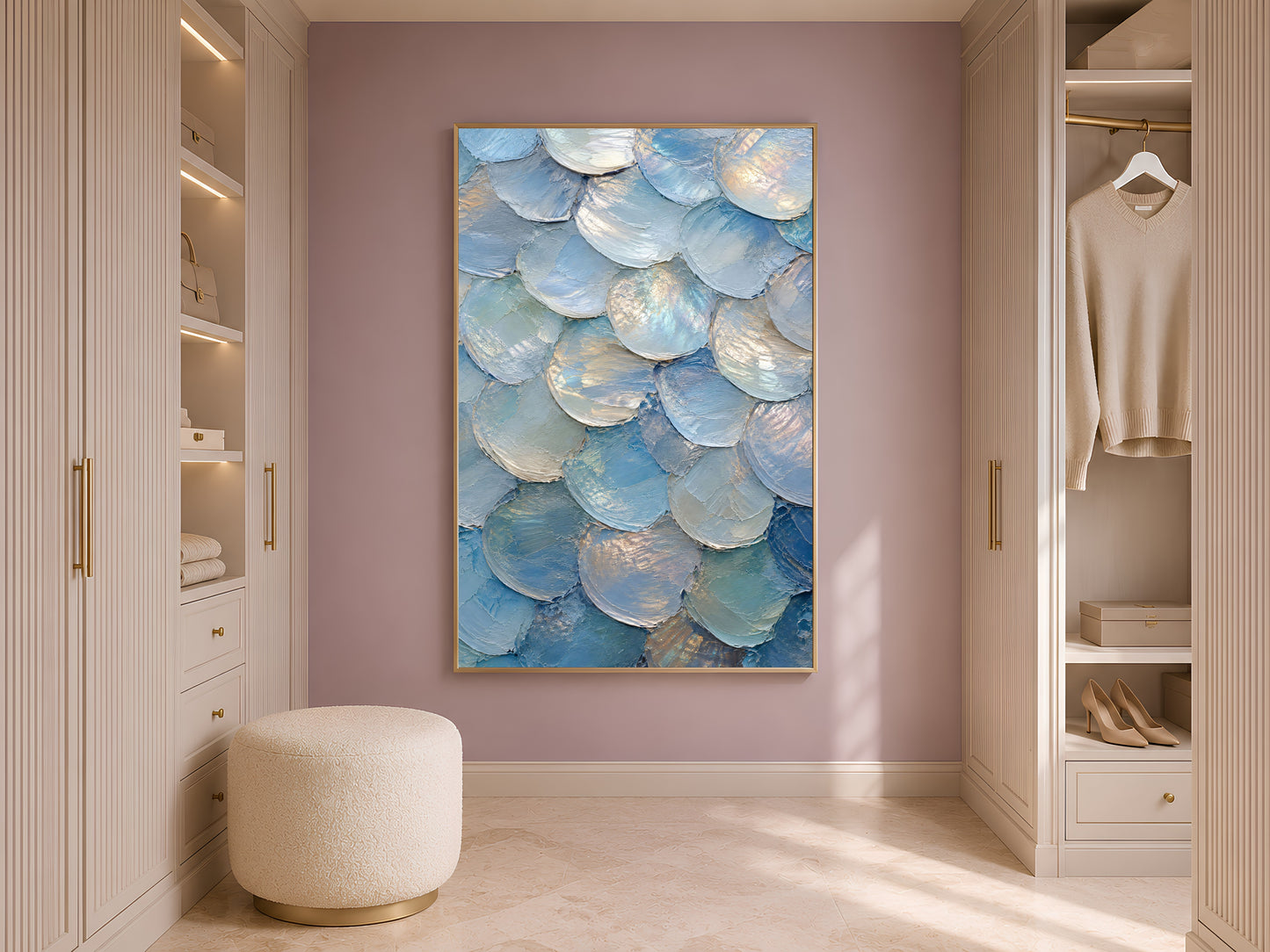 Capiz shell wall art print in gold frame displayed in neutral closet with open shelving
