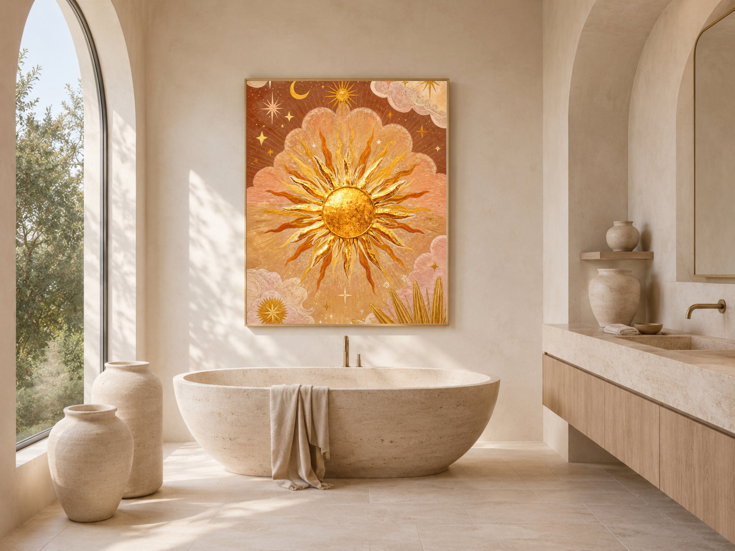 The Sun tarot wall art framed above a freestanding bathtub, warm gold celestial sunburst print