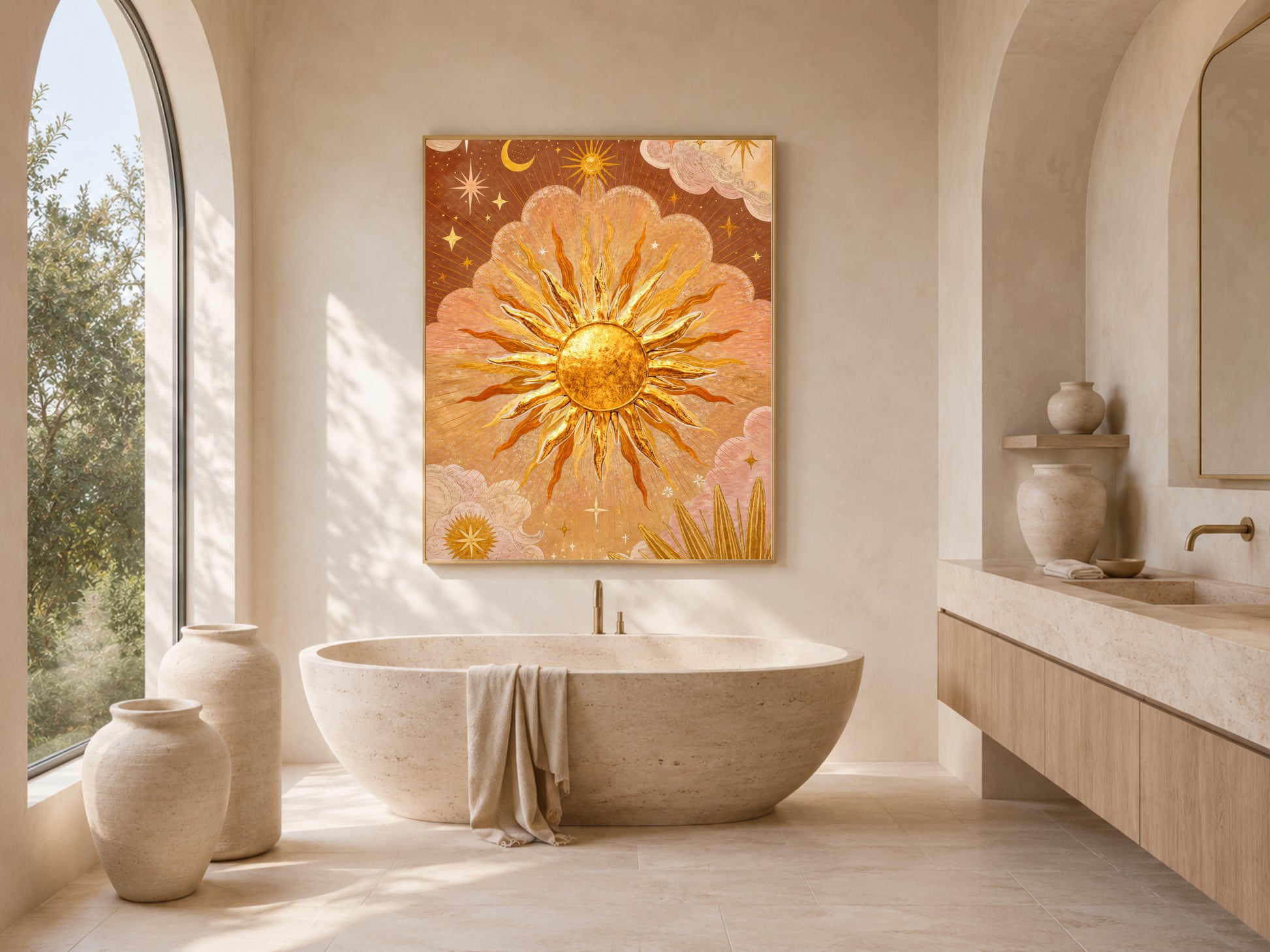 The Sun tarot wall art framed above a freestanding bathtub, warm gold celestial sunburst print