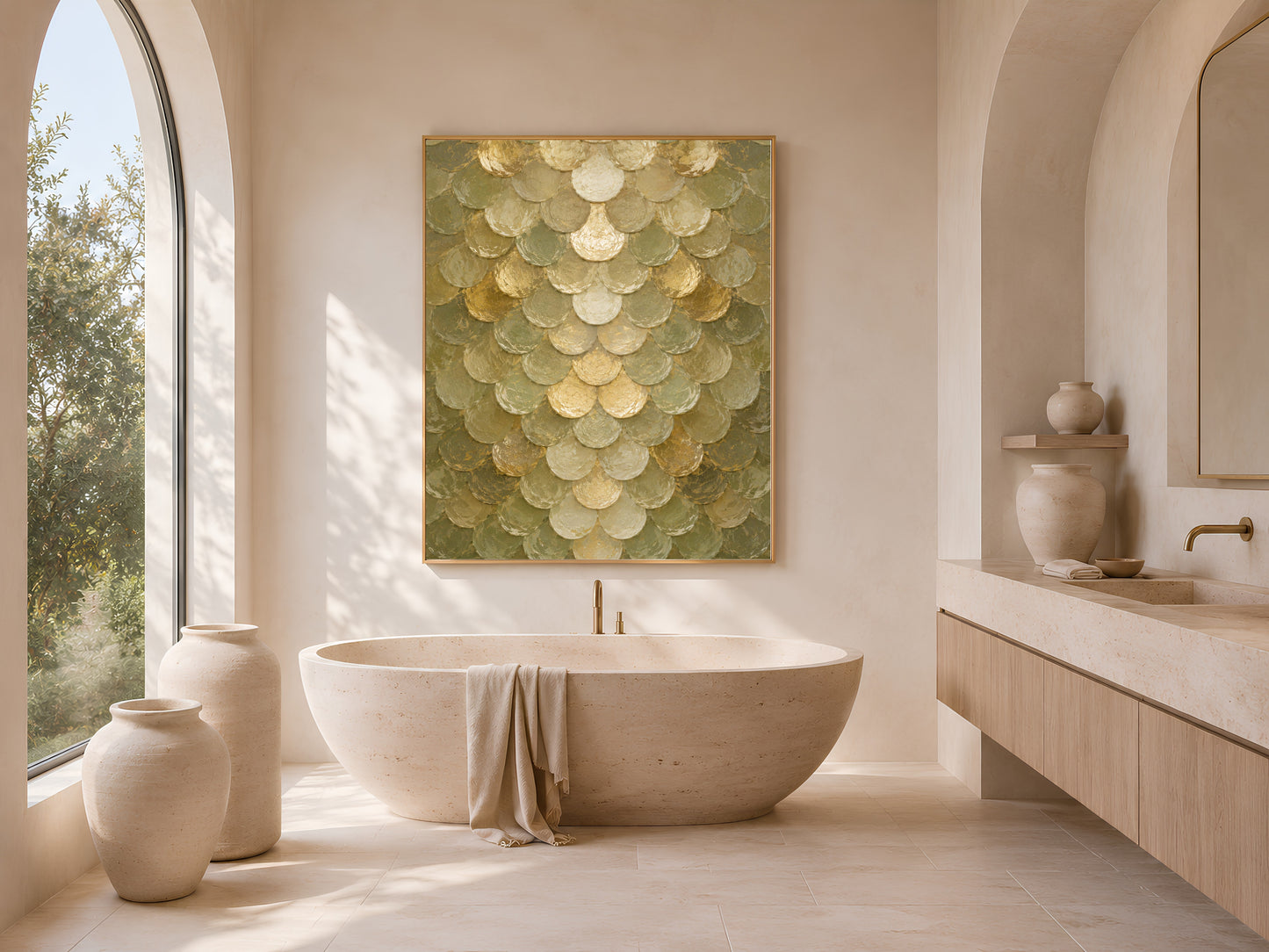 Sage green capiz shell wall art above freestanding tub in arched bathroom
