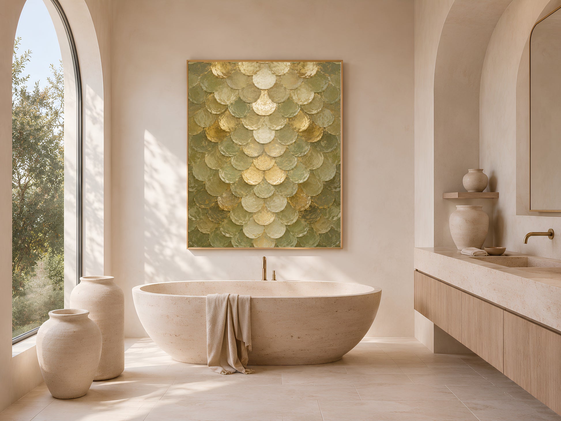 Sage green capiz shell wall art above freestanding tub in arched bathroom
