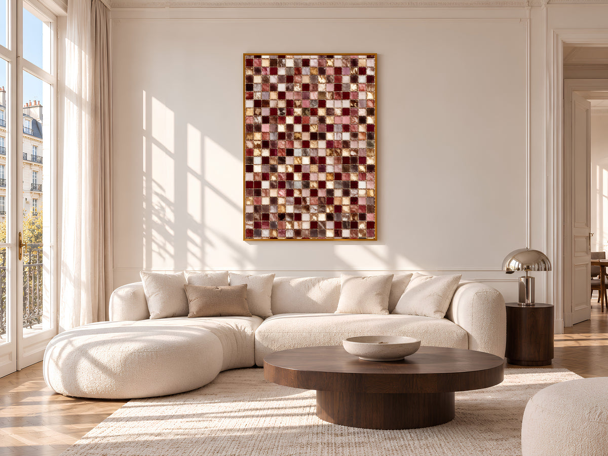 Pink and Burgundy Mosaic Tile Wall Art Print, Dusty Rose, Mauve and Gold Tile Grid Painting, Printable Romantic Decor, Digital Download