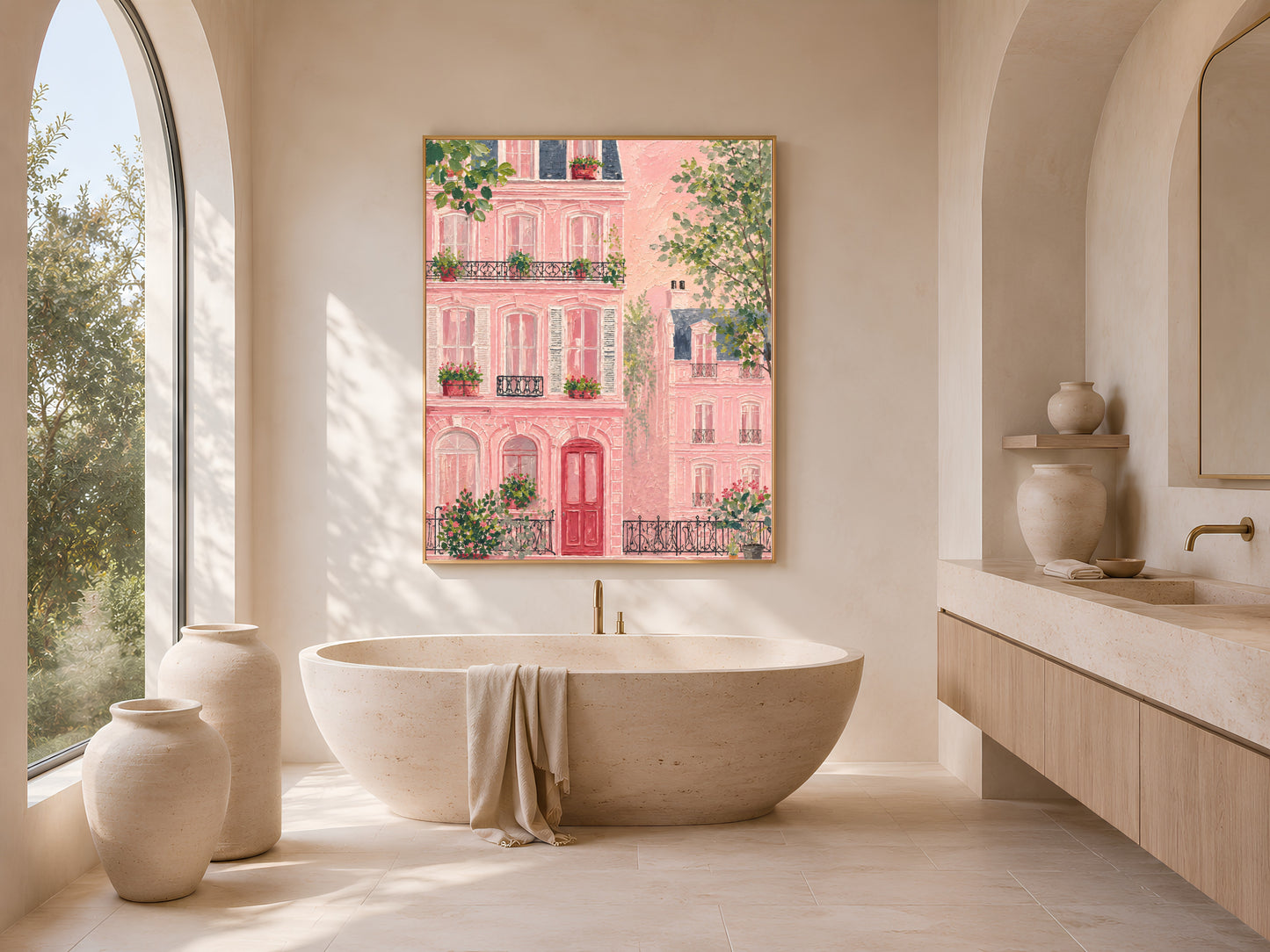 Impasto pink Parisian building wall art in a gold frame above a freestanding oval bathtub in a bright minimal bathroom with arched window and ceramic vases
