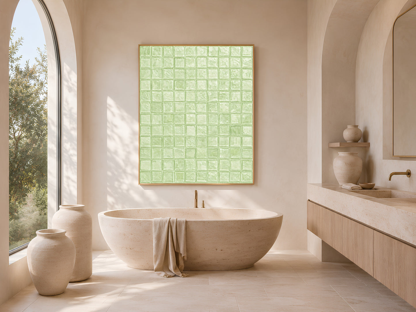 Sage green mosaic tile wall art in a gold frame above a freestanding oval bathtub in a bright minimal bathroom with arched window and ceramic vases
