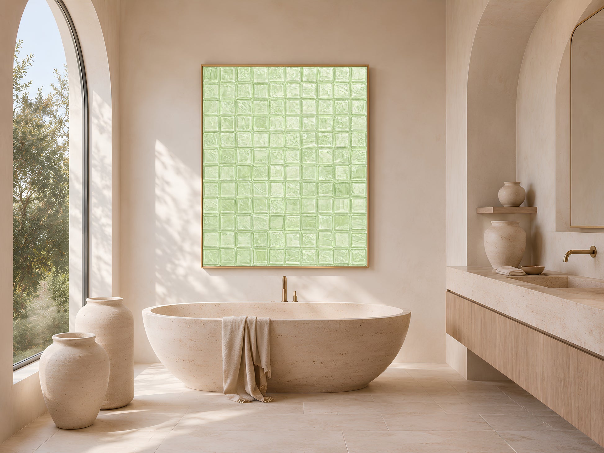 Sage green mosaic tile wall art in a gold frame above a freestanding oval bathtub in a bright minimal bathroom with arched window and ceramic vases

