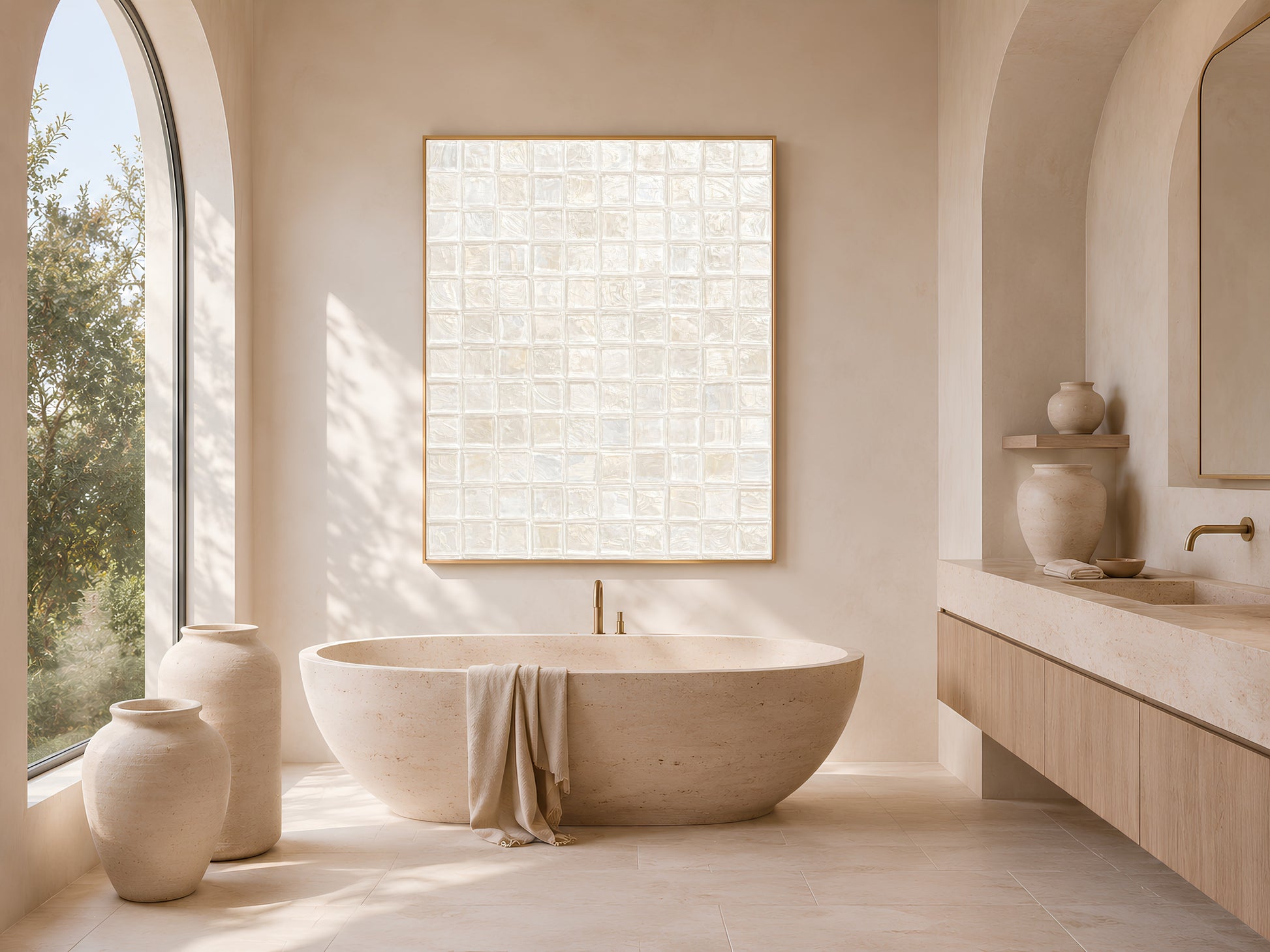 White pearl mosaic tile wall art in a gold frame above a freestanding oval bathtub in a bright minimal bathroom with arched windows, ceramic vases, and olive tree
