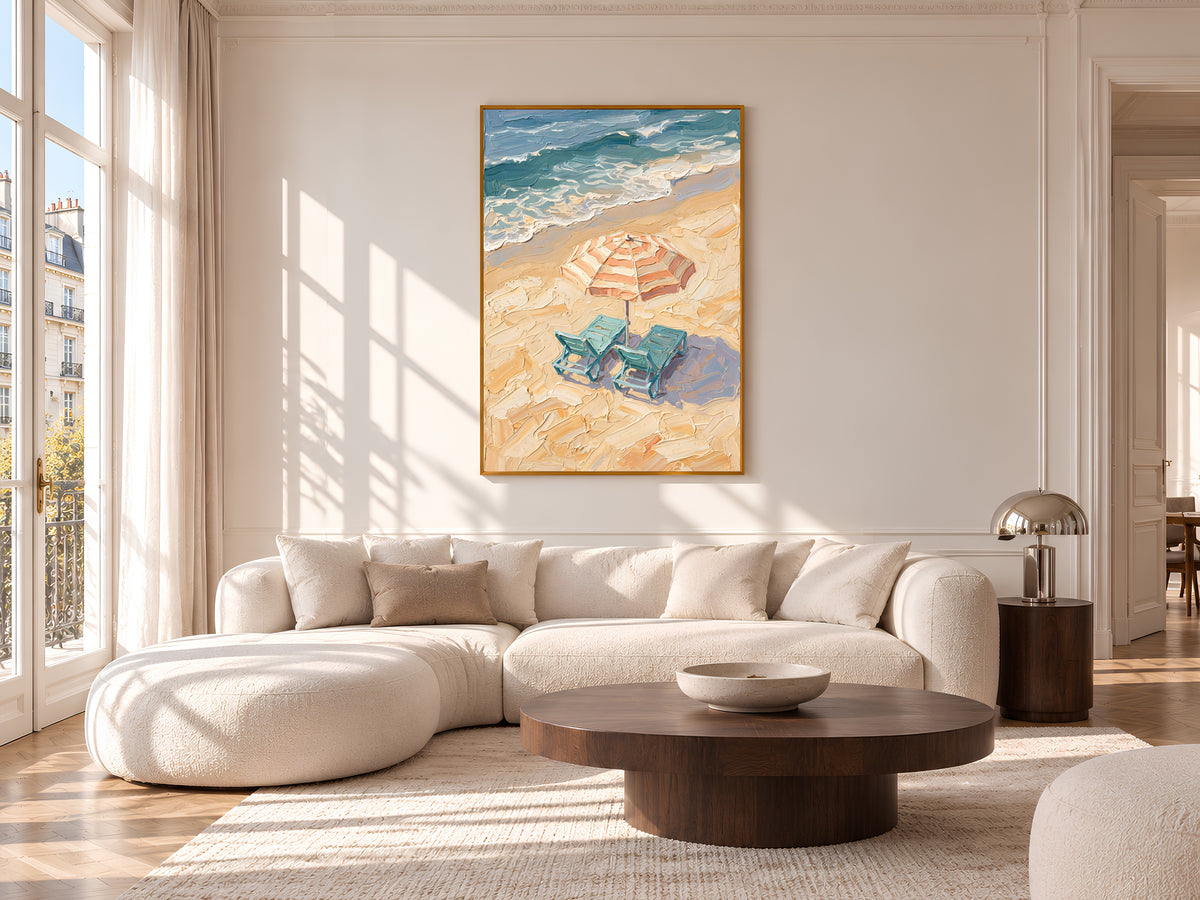 Beach Umbrella Painting Print, Striped Parasol Seaside Art, Textured Coastal Wall Art, Printable Digital Download