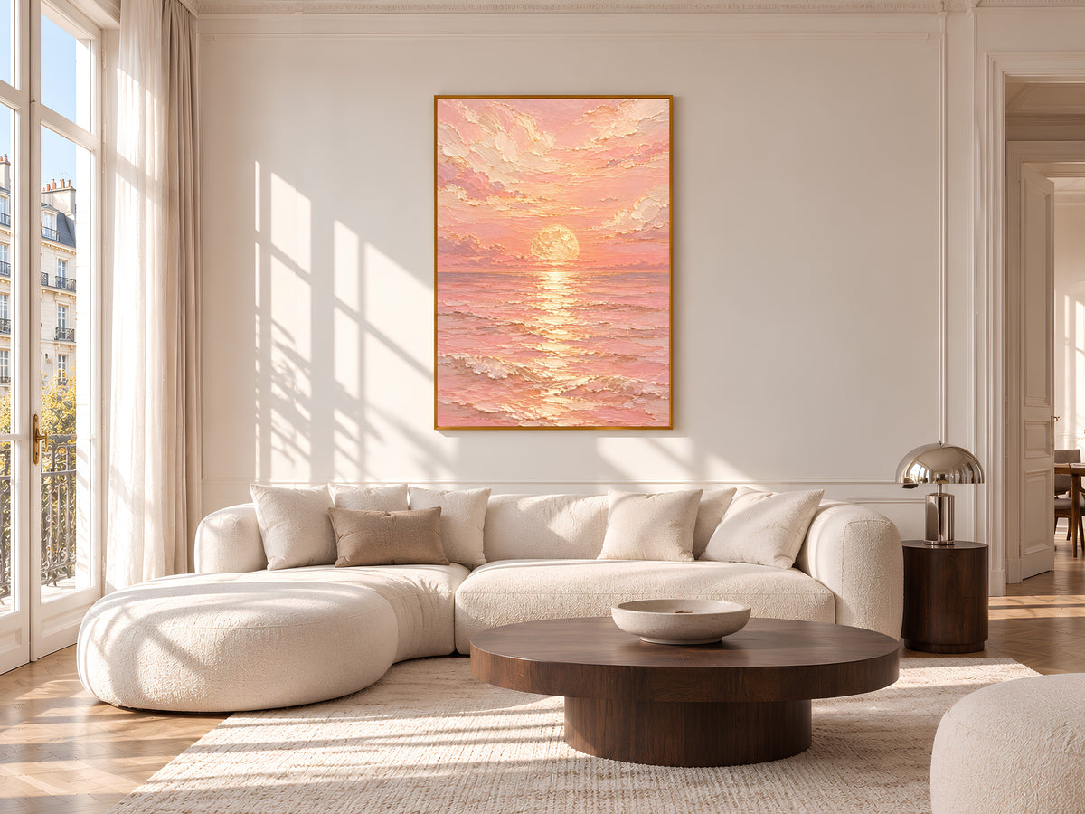 Pink Ocean Sunset Painting Print, Pastel Seascape Wall Art, Textured Coastal Art, Printable Digital Download
