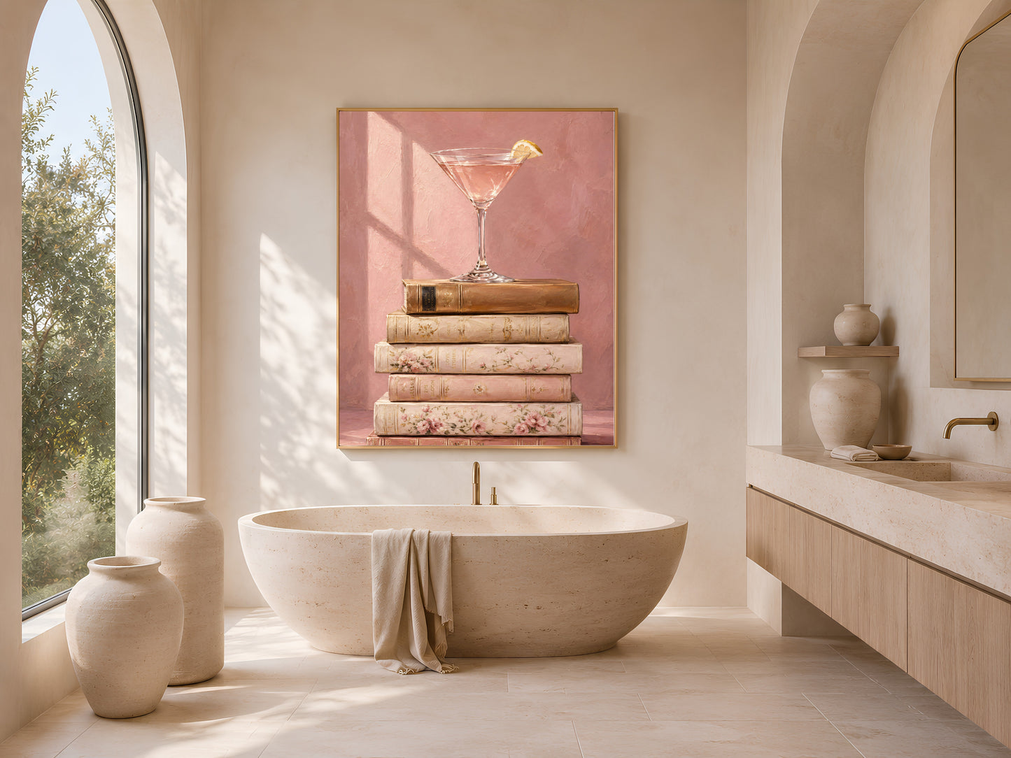 Martini still life print framed above bathtub in bathroom wall decor
