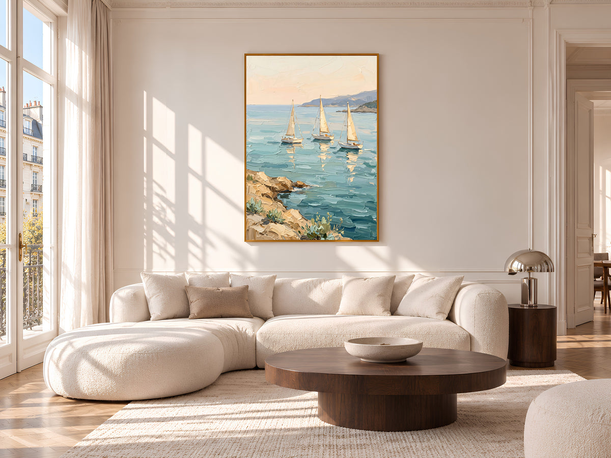 Sailboat Painting Print, Mediterranean Coastal Wall Art, Turquoise Sea and Rocky Shore, Impasto Oil Style Printable, Digital Download