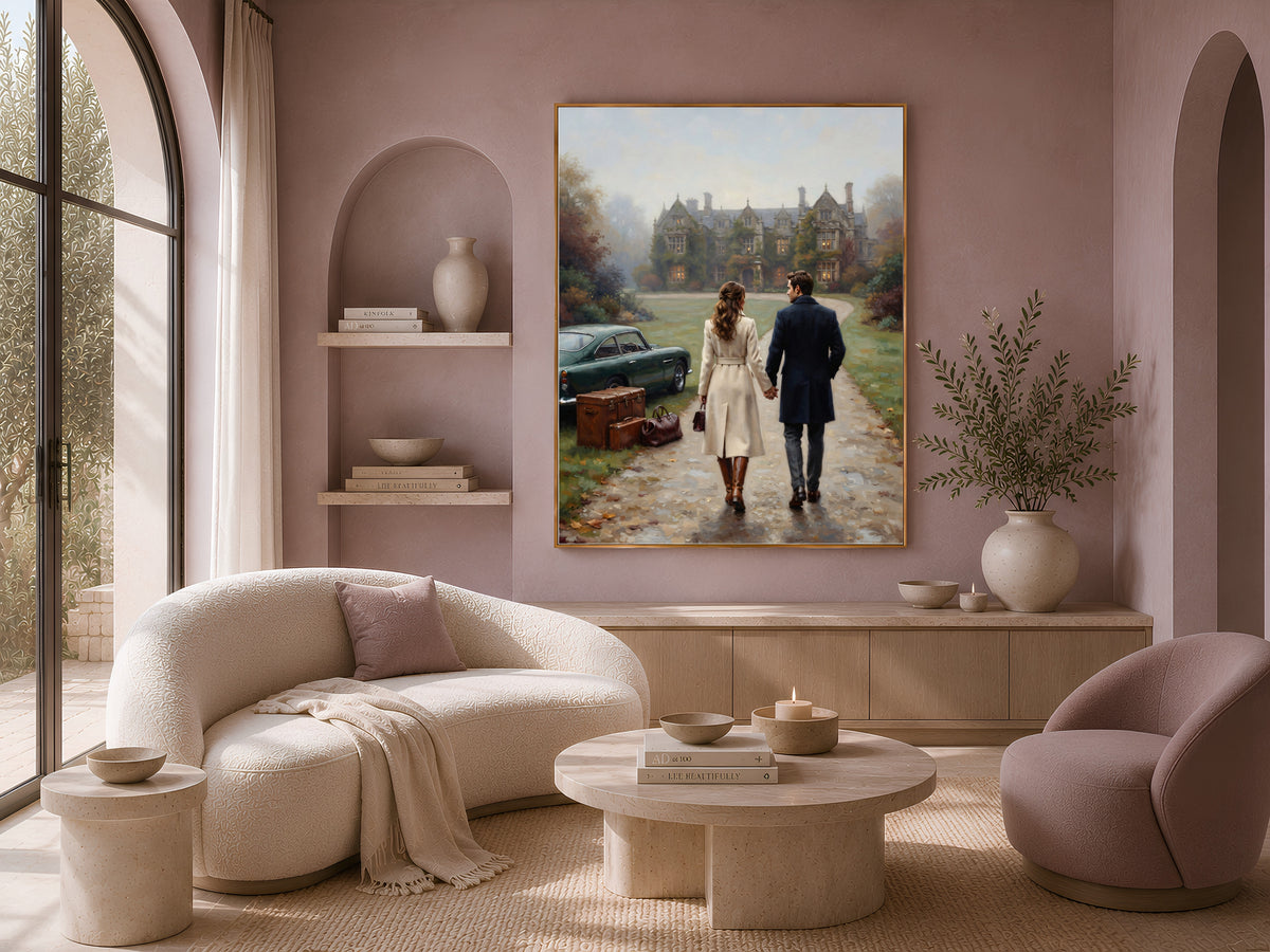 English Manor Estate Wall Art, Autumn Couple Oil Painting Print - Digital Download