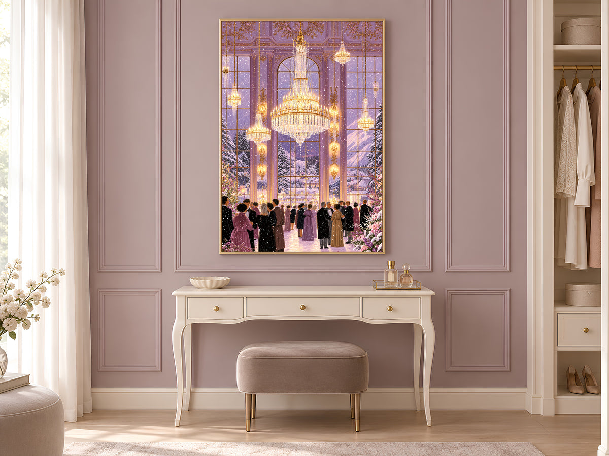 Winter Ballroom Wall Art, Lavender Chandelier Painting, Snowy Holiday Ball Print, Elegant Purple Decor, Printable Digital Download