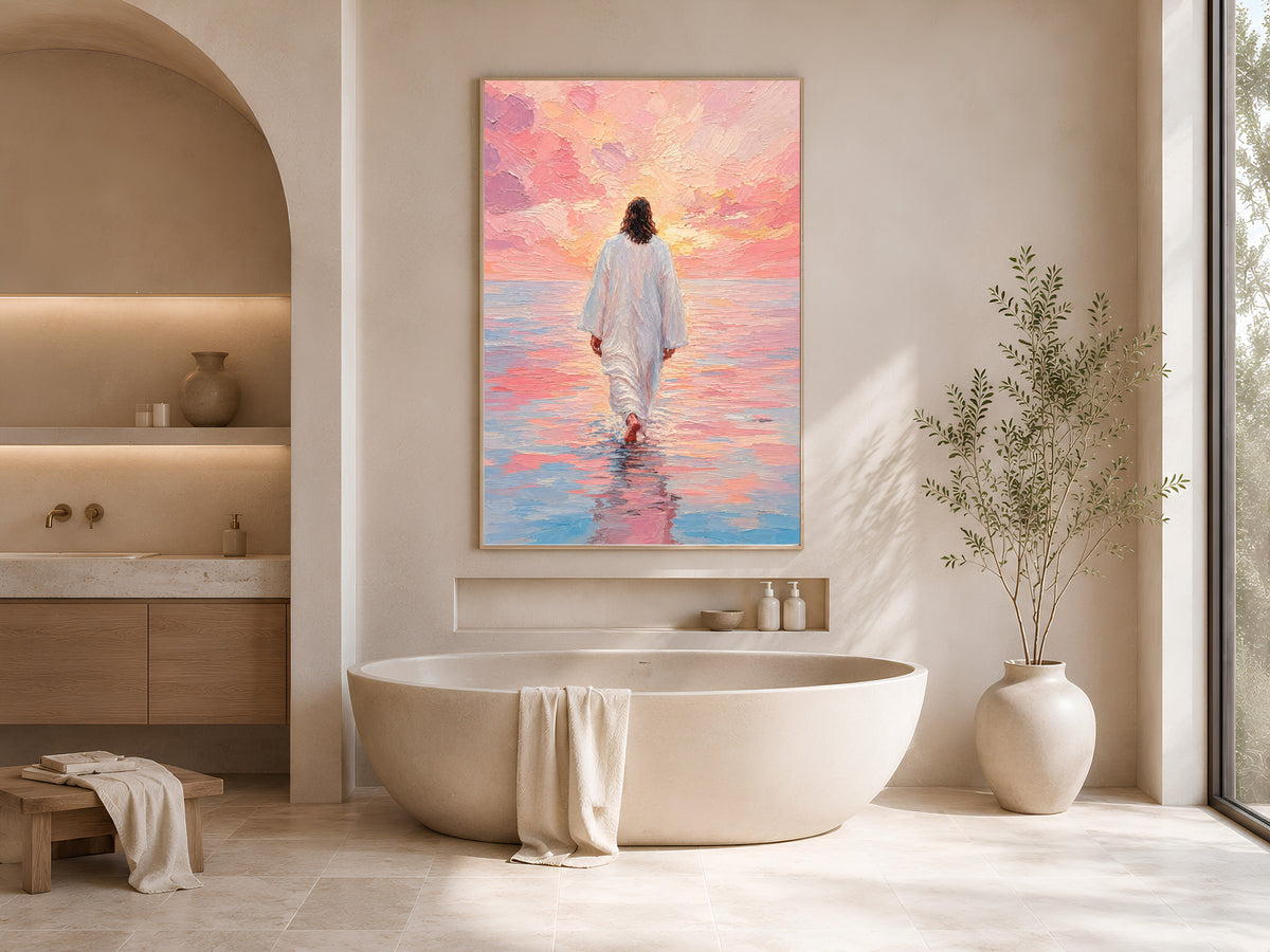 Jesus walking on water wall art above a modern soaking tub bathroom