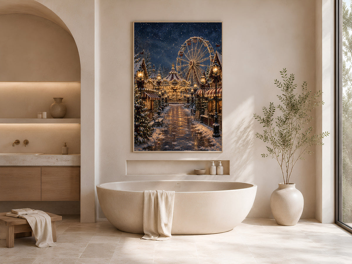 Christmas ferris wheel print framed above an oval soaking tub in a neutral arched bathroom