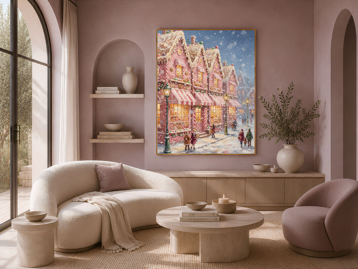 Gingerbread Village Wall Art, Candyland Christmas Street Print - Digital Download
