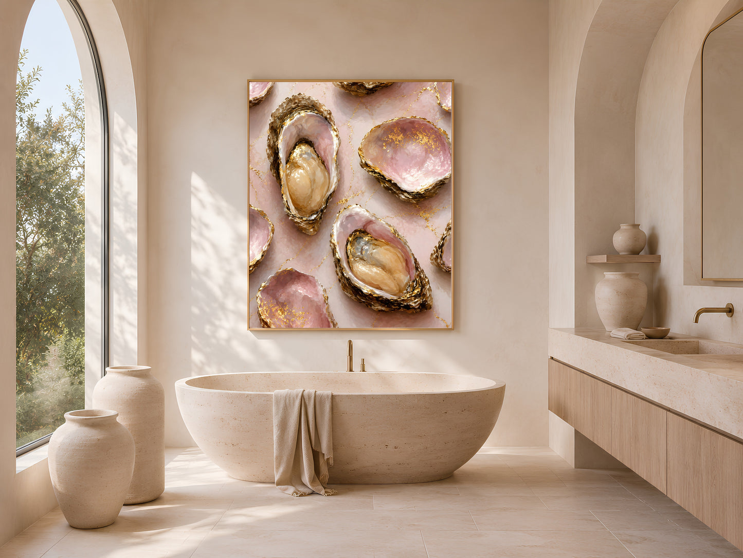 Pink oyster shell wall art print framed above a freestanding tub in an arched, sunlit bathroom.
