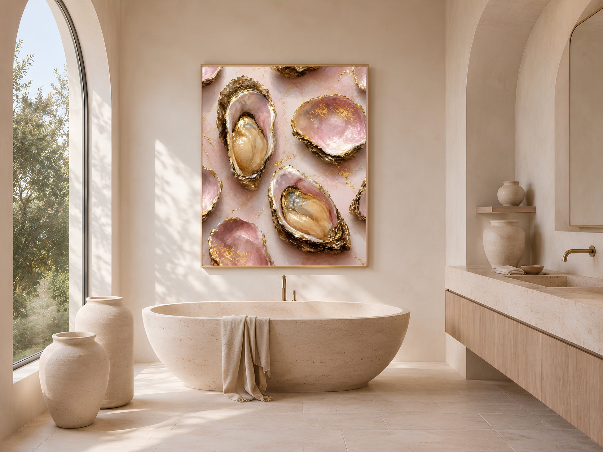 Pink oyster shell wall art print framed above a freestanding tub in an arched, sunlit bathroom.
