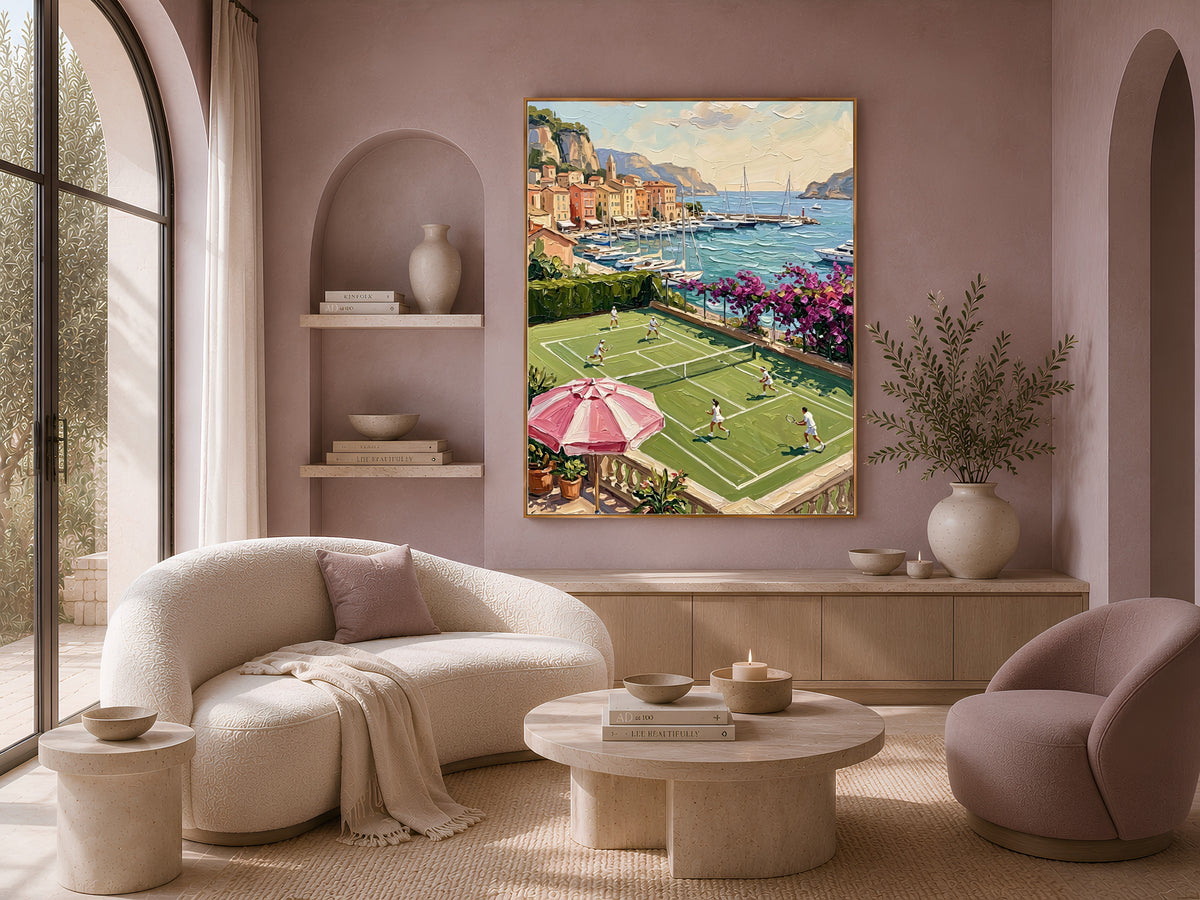 French Riviera Tennis Court Print, Old Money Aesthetic Wall Art - Digital Download