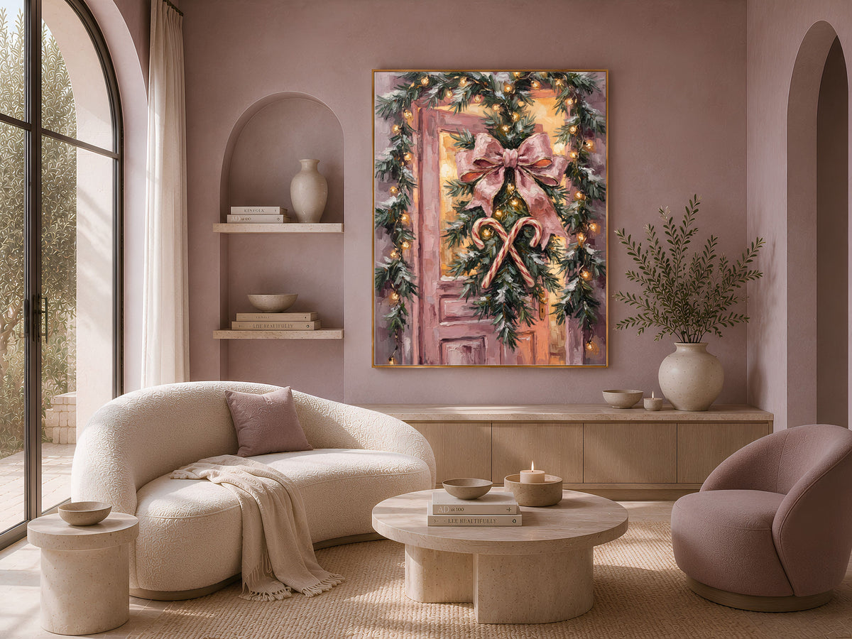 Pink Christmas Door Print, Velvet Bow Wall Art - Digital Download
