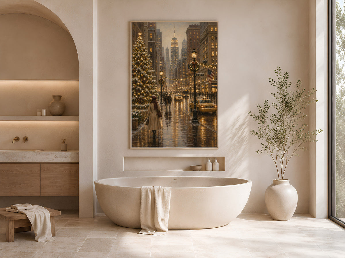 NYC Christmas wall art framed print displayed above bathtub in spa-style bathroom