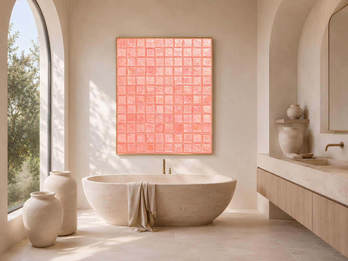 Salmon coral mosaic tile wall art in a gold frame above a freestanding oval bathtub in a bright minimal bathroom with arched window, ceramic vases, and olive tree
