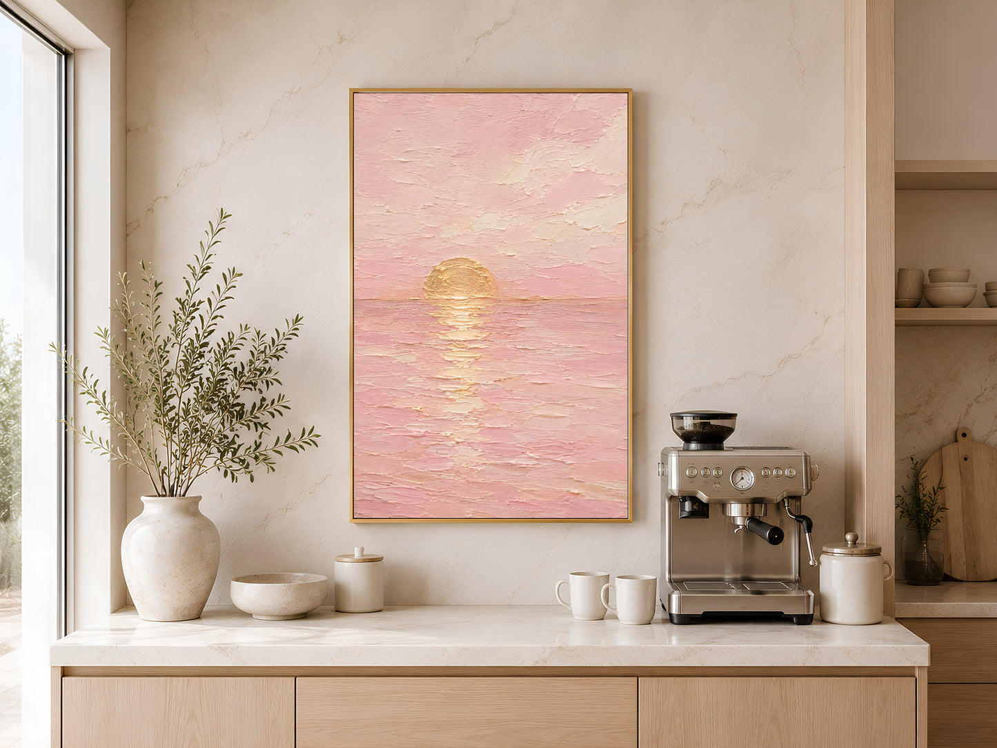 Pink sunset wall art print framed above a kitchen counter with espresso machine and ceramic vases.
