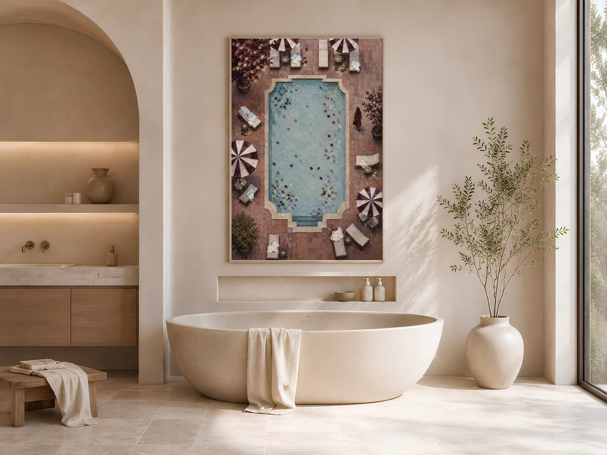 Italian riviera pool painting framed above bathtub in neutral spa-style bathroom