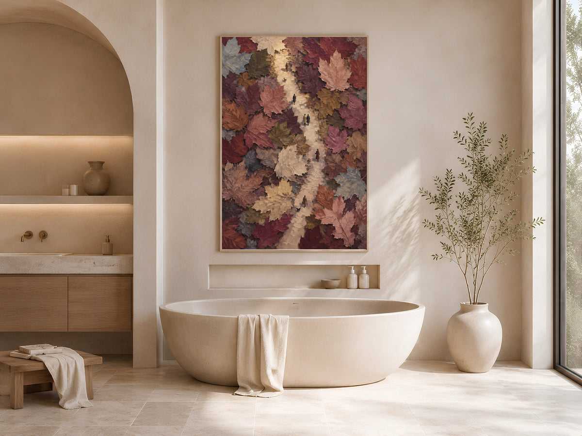 Surreal maple leaf path wall art framed above bathtub in neutral spa-style bathroom