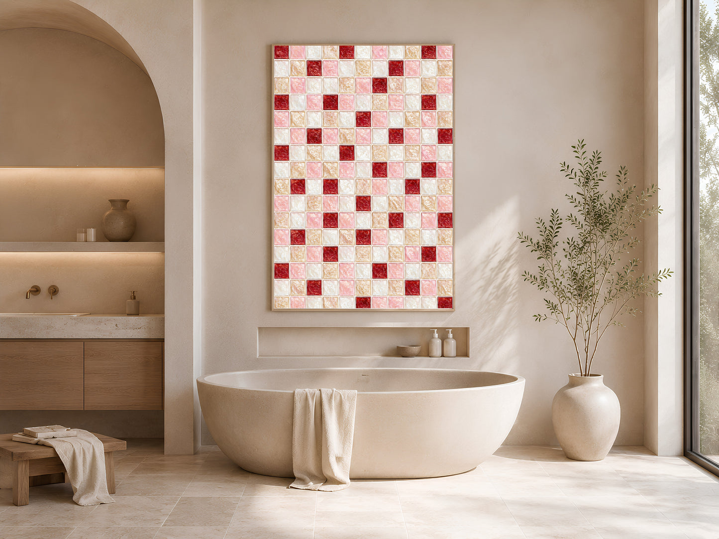 Coquette pink red mosaic wall art print displayed in an arched wall niche above a freestanding tub